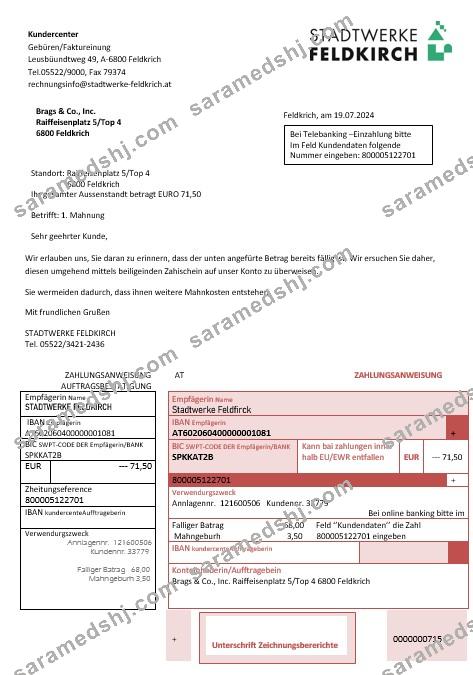 Austria Stadtwerke Feldkirch business utility bill template in Word and PDF format